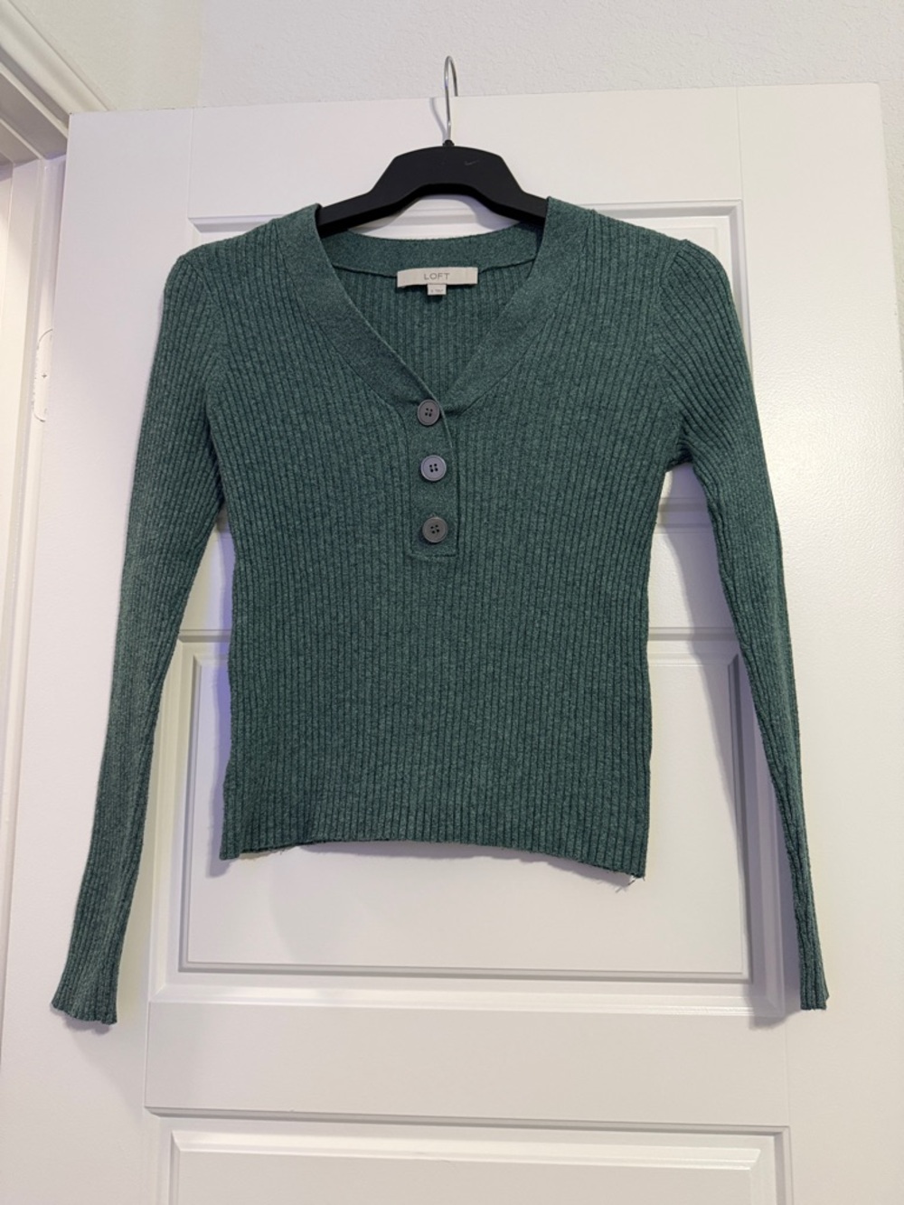 LOFT Green Ribbed V-Neck Button Pullover
